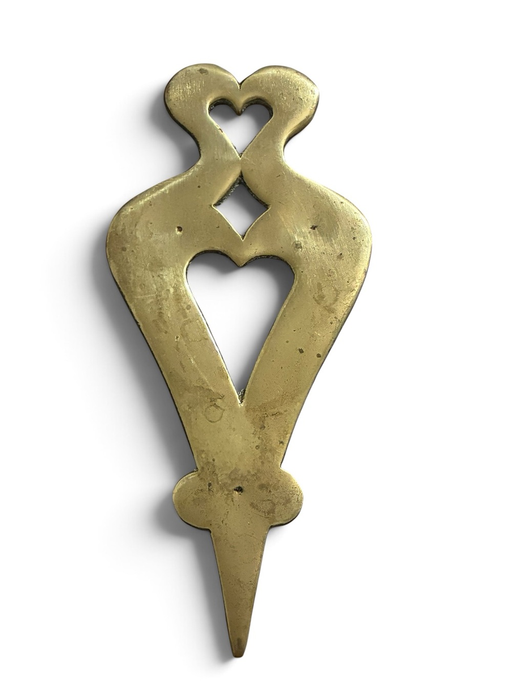 Antique Victorian Brass Double Heart Pattern Flat-Iron Trivet Hot Plate Stand